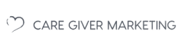 Logo with a simple heart outline on the left and the text "CARE GIVER MARKETING" in uppercase letters on the right.