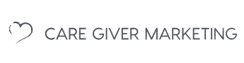 Logo with a simple heart outline on the left, followed by the text "Care Giver Marketing" in uppercase letters on a light background.